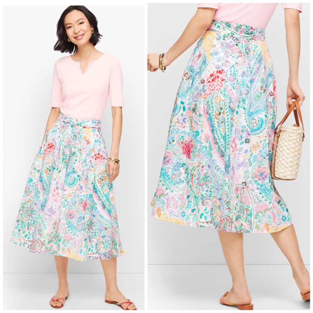Talbots 16 Festive Floral Paisley Pleated Tie Waist Midi Skirt